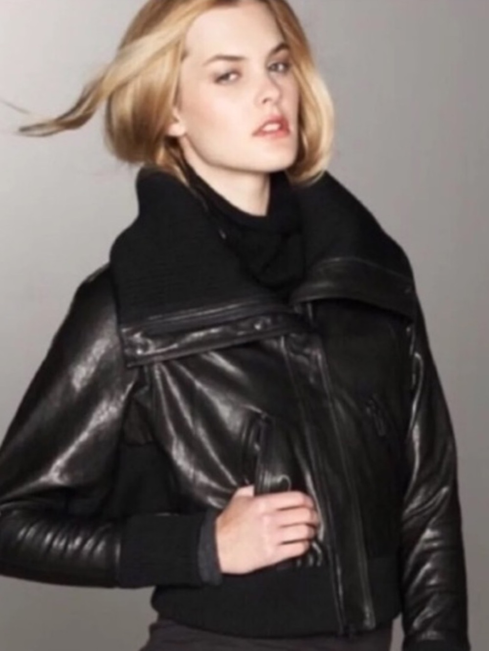Vince Black Leather Bomber Jacket with Ribbed Collar